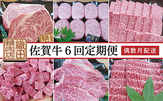 【偶数月に計６回】佐賀牛 定期便 |老舗 織田精肉店の佐賀牛定期便 | コロコロ ステーキ 佐賀牛100％ ハンバーグ ヒレステーキ シャトーブリアン A5 カルビ焼肉 ロースステーキ ももスライス すき焼き しゃぶしゃぶ用 佐賀牛６回定期便 _f-35