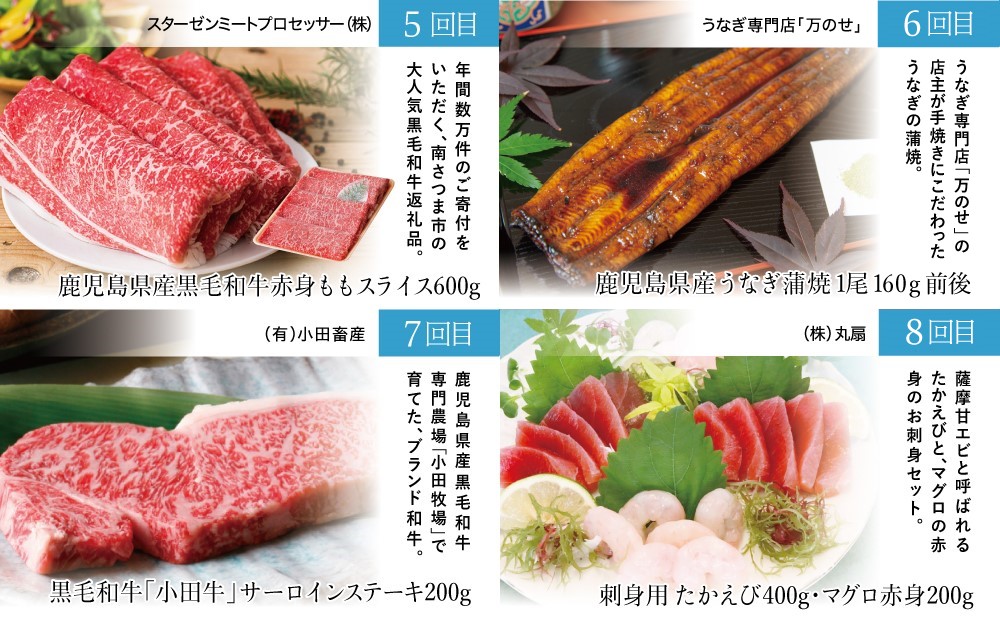 海幸山幸どきどき定期便（全10回）お肉 お魚 黒豚 牛肉 すき焼き ステーキ 角煮 鰻 蒲焼 刺身用たかえび マグロ 出汁 鰹節 鹿児島黒牛 生姜焼き おかず 煮魚 定期配送