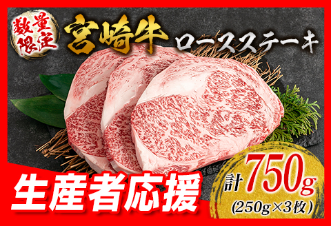 生産者応援 数量限定 宮崎牛 ロース ステーキ 3枚 牛肉 ビーフ 黒毛和牛 ミヤチク 国産 ブランド牛 食品 おかず ディナー 人気 おすすめ 鉄板焼き 高級 贅沢 上質 ご褒美 お祝 記念日 イベント グルメ 枚数が選べる 宮崎県 日南市 送料無料_DB26-24