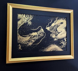 「一筆金双龍」絵師白道 作｜絵画 アート インテリア 手描き [0622]