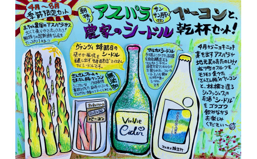 ES10　春夏限定！松川町産アスパラ・ベーコン・シードルの乾杯セット！（地元農家の朝採りアスパラ＆無添加ベーコン、農家のシードル詰合せ） / 2026年4月中旬頃～8月 発送予定 // 長野県 南信州 松川町 アスパラガス アスパラ 無添加 詰め合わせ ギフト 贈答 シードル りんごのお酒  ベーコン  パーティーセット 食材セット