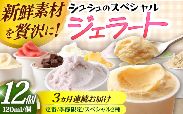 
            【3回定期便】シュシュのスペシャルジェラート12個セット（定番/季節限定/スペシャル2種） / アイス アイスクリーム ジェラート スイーツ /  大村市 / おおむら夢ファームシュシュ [ACAA420]
          