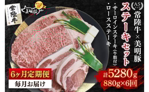 【6ヶ月定期便】【常陸牛 A5ランク・美明豚ステーキセット】常陸牛サーロインステーキ600g（300g×２枚）＋美明豚ロースステーキ280g（140g×２枚） 冷凍 国産牛 和牛 牛肉 豚肉　ブランド豚 茨城県 水戸市 食べ比べ セット商品 国産 老舗精肉店(EK-20_2)