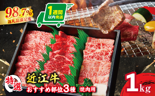 【1週間以内発送】A5等級　未経産雌　特選近江牛おすすめ部位　焼肉3種盛り合わせ合計1kg【FO07W】	<br>