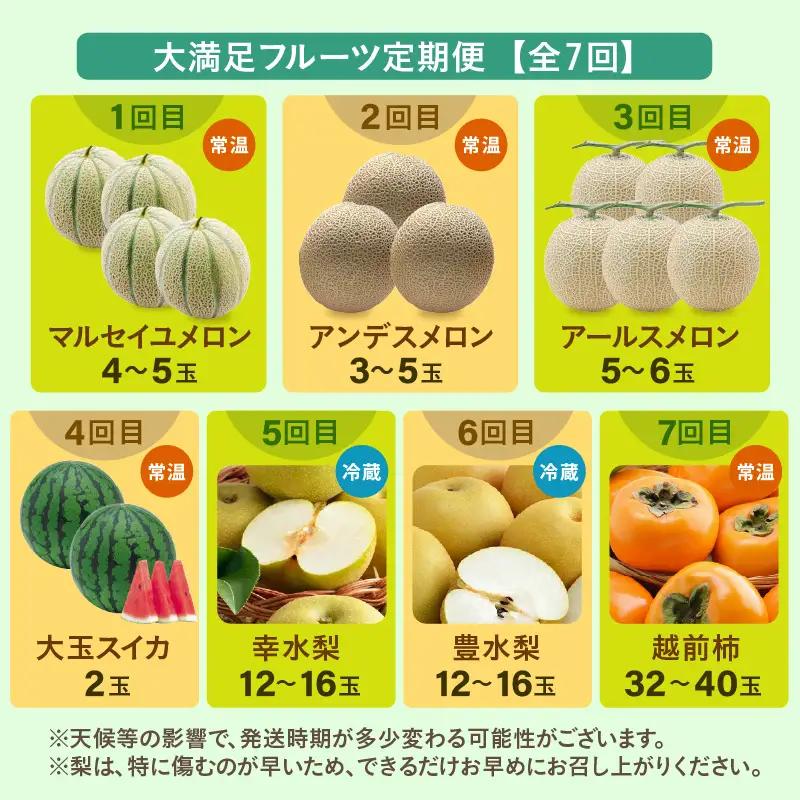 【先行予約】《全7回》あわら大満足 7種 フルーツ定期便 《あわらの旬が満載！》／ 果物 旬 食べ比べ 贈り物 定期便 マルセイユ アンデス アールス 大玉スイカ 梨 柿 ※2027年6月中旬以降順次