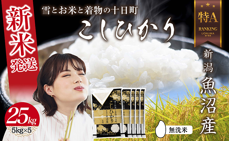  無洗米 令和7年産 新潟県 魚沼産 コシヒカリ お米 25kg （5kg×5袋）精米済み お米 こめ 白米 新米 こしひかり 送料無料 魚沼 十日町