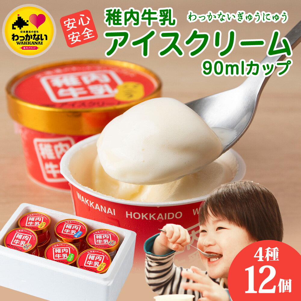 稚内牛乳　アイスクリーム4種12個セット (バニラ、チョコ、宗谷の塩、稚内産クマザサ)【配送不可地域：離島】