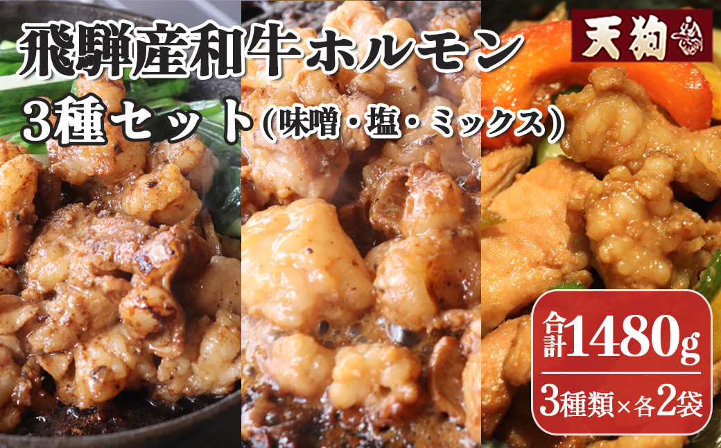 
            飛騨産和牛ホルモン 3種セット（味噌・塩・ミックスホルモン）各2袋  計6袋（袋入り）【冷凍】味付け 味付き 焼くだけ 飛騨 天狗 下呂市 おすすめ 牛肉 牛ホルモン 納豆喰豚  天狗 無薬鶏  なっとく豚 豚肉 無薬鳥
          