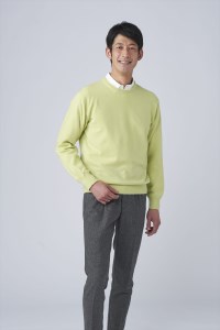 日本製 カシミヤ100% クルーネック ライトグリーン Lサイズ [2651]