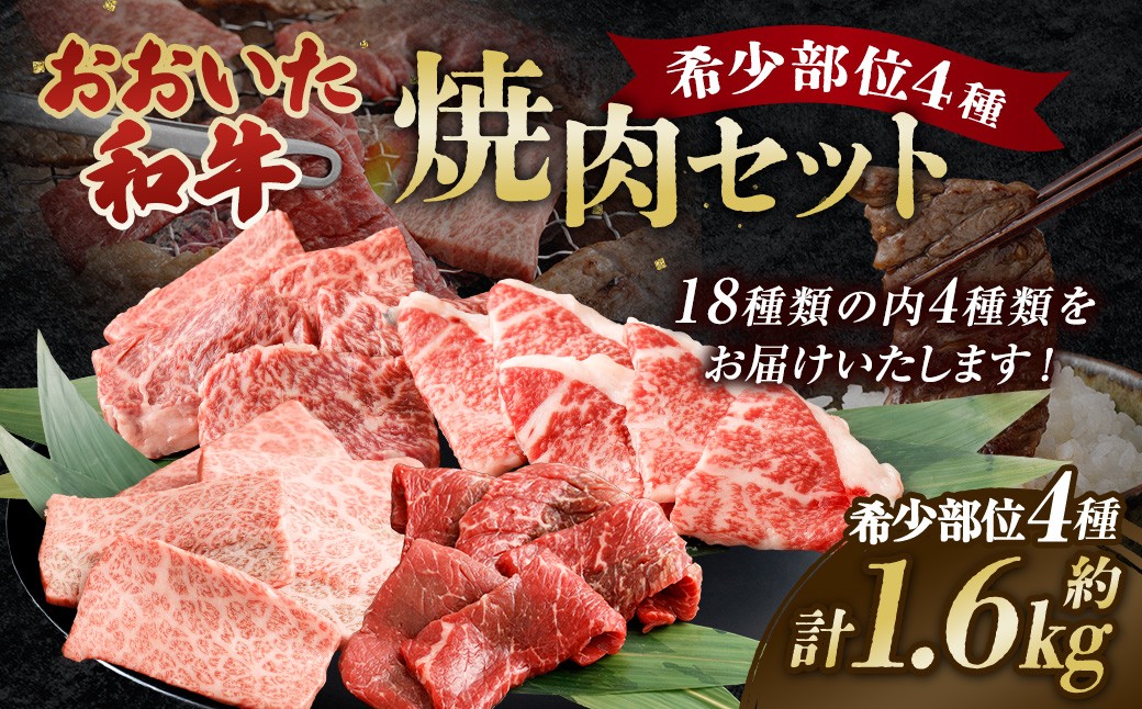 
            おおいた和牛 希少部位4種焼肉セット 約1.6kg（約800g×2箱）
          