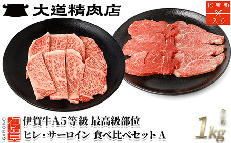 伊賀牛 A5 ヒレ・サーロイン サイコロステーキセットA 計約1kg【最高級部位2種食べ比べ】【dido0028-2】