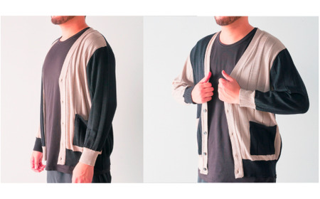 Vネックカーディガン シルクとウールのぬくもり ( ツートンカラー / ベージュ×ブラック ・M ) メンズ | シルク ウール ニット Vネック カーディガン シンプル 長袖 秋冬 新潟県 五泉市 