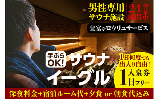 【ふるさと納税限定】　サウナイーグル１日フリー入泉券（深夜料金・宿泊ルーム代・夕食or朝食込み。１日何度でも出入り自由）（1709）