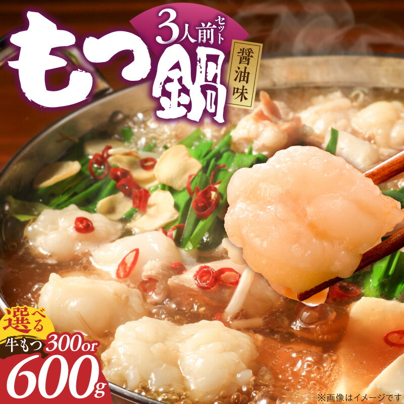 【ふるさと納税】博多 もつ鍋 セット 醤油味 3人前 選べる 内容量 牛もつ 300g 600g 下処理済 醤油スープ 九州醤油 ちゃんぽん麺 にんにく 唐辛子 鍋 グルメ 郷土料理 海千 お取り寄せ 福岡県 久留米市 送料無料