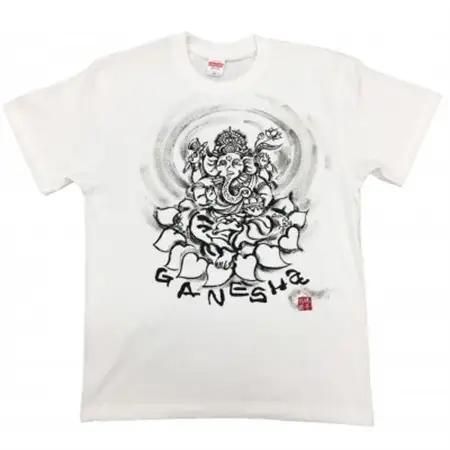 手描きTシャツ 仏画 ガネーシャ 白 (半袖 XLサイズ)【1615512】