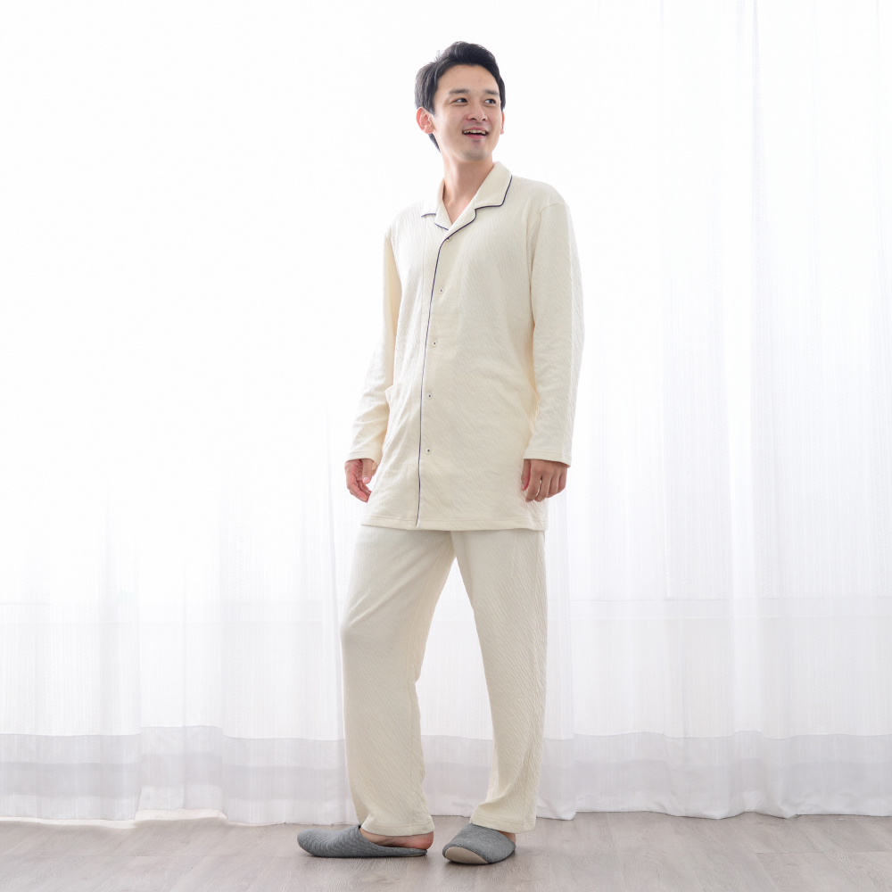 接結ニット テーラーカラー前開き男女兼用パジャマ 株式会社ラブリー パジャマ工房 滋賀県 東近江市 E-F05 パジャマ 綿100% オーガニックコットン 敏感肌 前開き 上下セット 長袖 二重ガーゼ