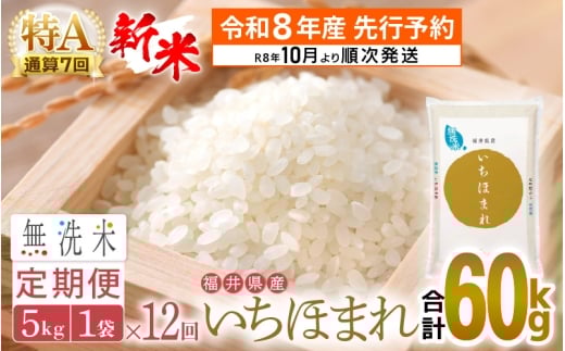 【新米・先行予約】令和8年産 無洗米 定期便 12回 いちほまれ 5kg × 12回（計60kg）特A 通算7回！福井県産【お米 コメ kome 12ヶ月連続 計60キロ 精米 白米 便利 時短】【令和8年10月より順次発送予定】 [e27-o008]