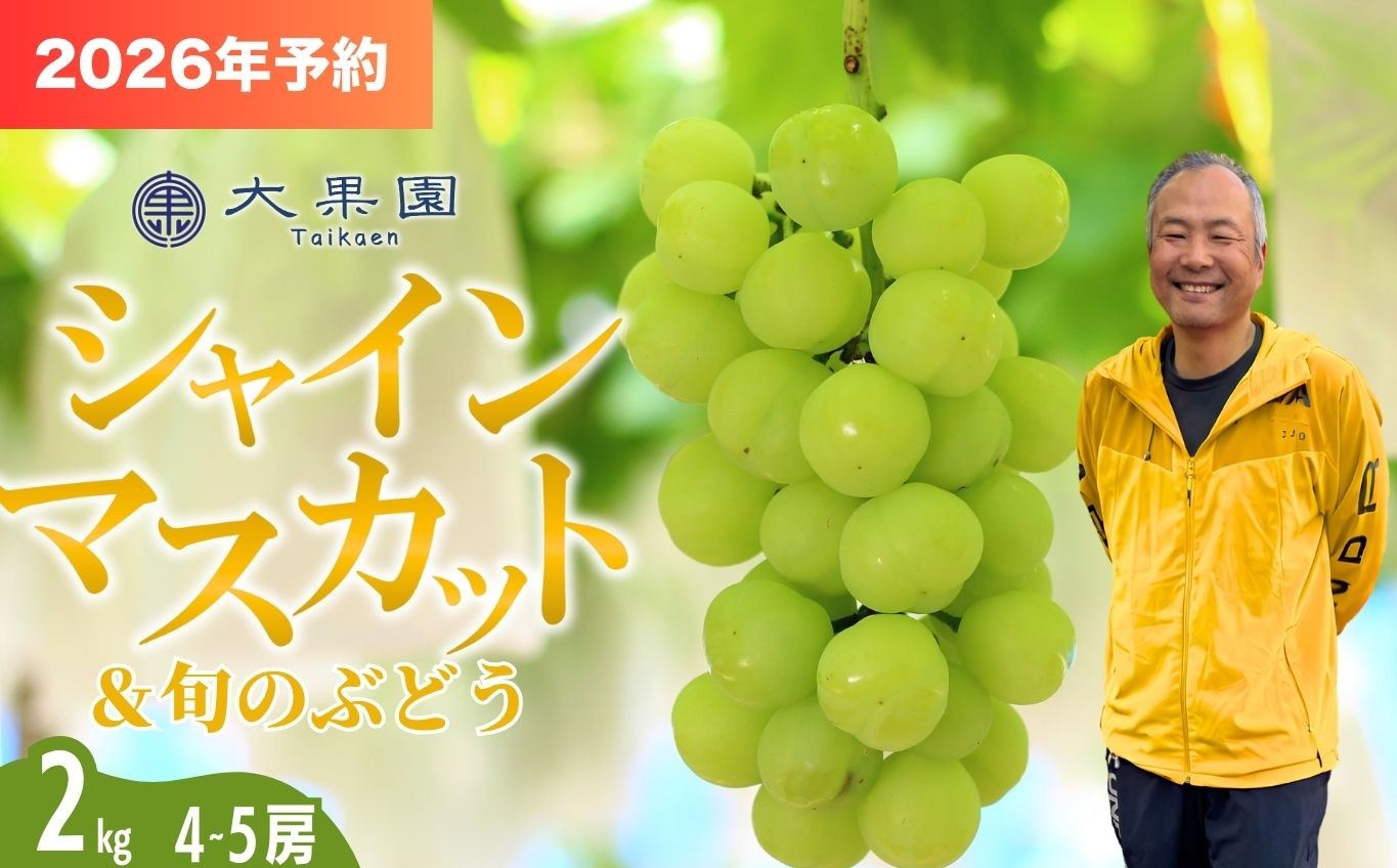 
                  【2026年予約】シャインマスカット 旬のぶどう 竹原葡萄 詰め合わせ 約2kg（4～5房） 古田大果園 フルーツ 果物 広島県産　【 減農薬 食感 食べ比べ ピオーネ 安芸クイーン 瀬戸ジャイアンツ 】　※2026年9月上旬～9月下旬頃に順次発送予定
                