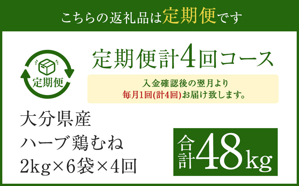 【1ヶ月毎4回定期便】大分県産ハーブ鶏むね 計48kg