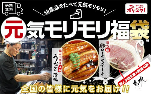 
【元気モリモリ福袋】職人手焼きうなぎ蒲焼き2尾＆豚ロースステーキ6枚_AC-3305_(都城市) 豚肉 鰻 国産 うなぎの蒲焼 2尾 タレ付き 麹味噌漬け豚ロース肉 6枚
