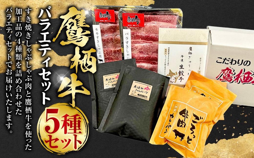 
                  鷹栖牛 バラエティセット しゃぶしゃぶ すき焼き モモ肉 300g バラ肉 300g 冷凍生餃子 10個 冷凍煮込みハンバーグ 230g×2個 冷凍カレーパン 2個 新田ファーム 牛肉 餃子 北海道 鷹栖町
                
