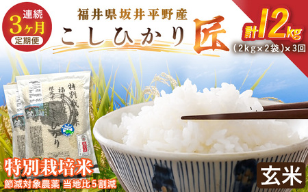 【3ヶ月連続お届け】 特別栽培米 コシヒカリ匠 4kg（2kg×2袋）×3回 計12kg  節減対象農薬当地比5割減【玄米】お米 コシヒカリ [E-2921_02]