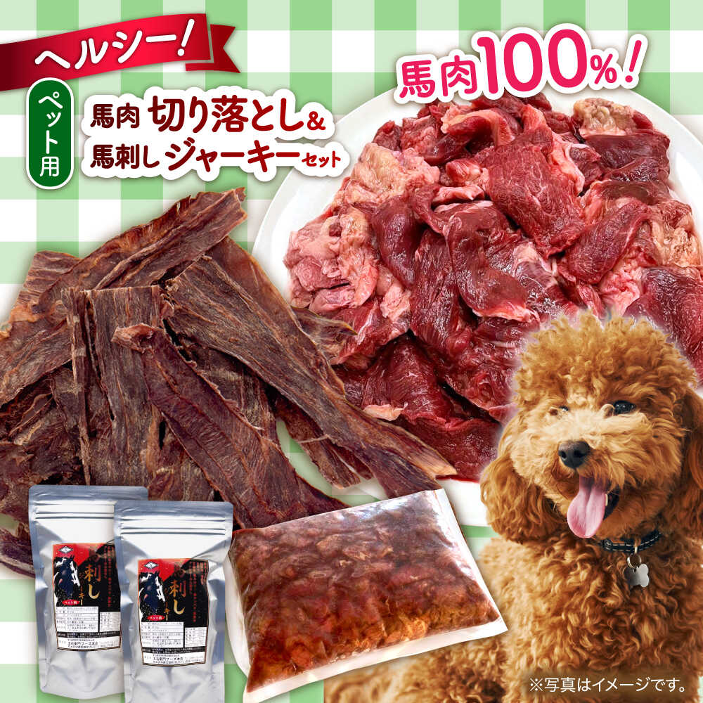 【ふるさと納税】詰め合わせ 国内加工 ペット用 馬肉 切り落とし 1kg ペット用 馬刺しジャーキー 100g(50g×2) 犬 わんちゃん 肉 馬肉 ドッグフード ペットフード タンパク質 鉄分 ヘルシー 熊本 生肉 ジャーキー 小型犬 大型犬 ペット用【五右衛門フーズ 本店】[AYCT012]