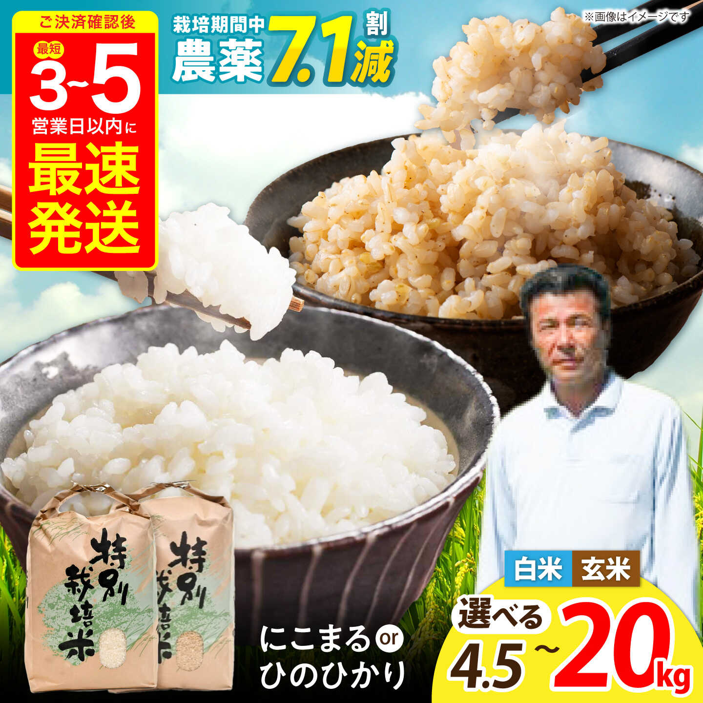 【ふるさと納税】【最短3日で発送】〈選べる容量〉【R7年産】九州のこだわり「にこまる」「ひのひかり」白米 玄米 5kg 10kg 20kg 白米 精白米 米 おこめ お米 玄米 にこまる ごはん ご飯 特A 長崎県産 / 諫早市 /上島農産 [AHAS002]