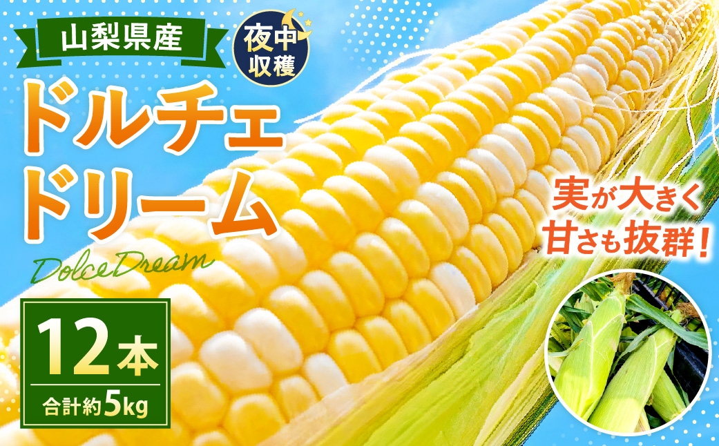 
                  夜中収穫！ とうもろこし （ ドルチェドリーム ） 12本 （ 約5kg ） 【2026年6月上旬～下旬迄発送予定】 野菜 やさい トウモロコシ コーン スイートコーン 甘い 水分 糖分 国産 山梨県産
                