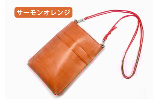 [メッセージスマホポーチ1] サーモンオレンジ｜スマホポーチ スマホ スマートフォン 鞄 バッグ ポーチ 名入れ ヌメ革 キーリング [0914]