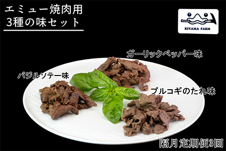 【隔月3回】エミュー焼肉用3種の味セット【エミュー 基山産 高タンパク 高鉄分 低カロリー ヘルシー ジビエ 貴重肉 鉄分補給】C7-A006306