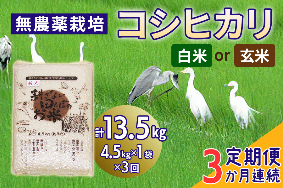 
新米 [定期便／3ヶ月] 無農薬栽培 コシヒカリ 計13.5kg (4.5kg×3ヶ月連続)｜おいしい お米 コメ こめ ご飯 ごはん 白米 玄米 お取り寄せ 直送 贈り物 贈答品 ふるさと納税 埼玉 杉戸 [0564-566]
