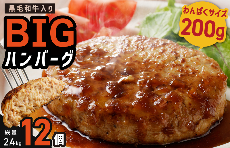 【期間限定】黒毛和牛入り BIGハンバーグ 総量2.4kg（200g×12個）泉州玉ねぎ使用【農福連携】