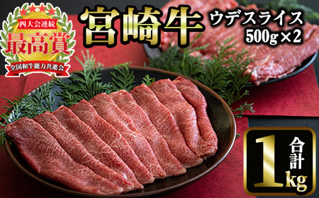 宮崎牛 ウデスライス(計1kg・500g×2)【MI018】【(株)ミヤチク宮崎加工センター】