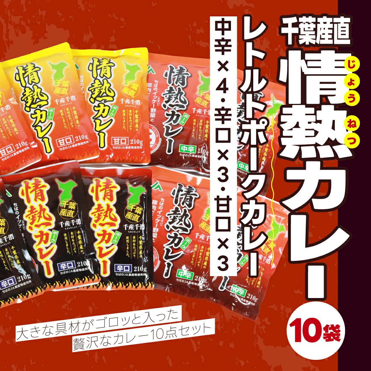 【ふるさと納税】 千葉産直情熱カレー10袋セット(中辛×4、辛口×3、甘口×3）レトルトポークカレー カレー かれー curry ポークカレー レトルト レトルトポークカレー 10袋 セット 贅沢 ボリューム 地産地消 JA富里 農協 ちば 千葉県産とみさと 富里 富里市 TMF007