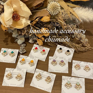 ビーズ 刺繍 ひし形 : イヤリング 赤 ジュエリー アクセサリー chiimade 