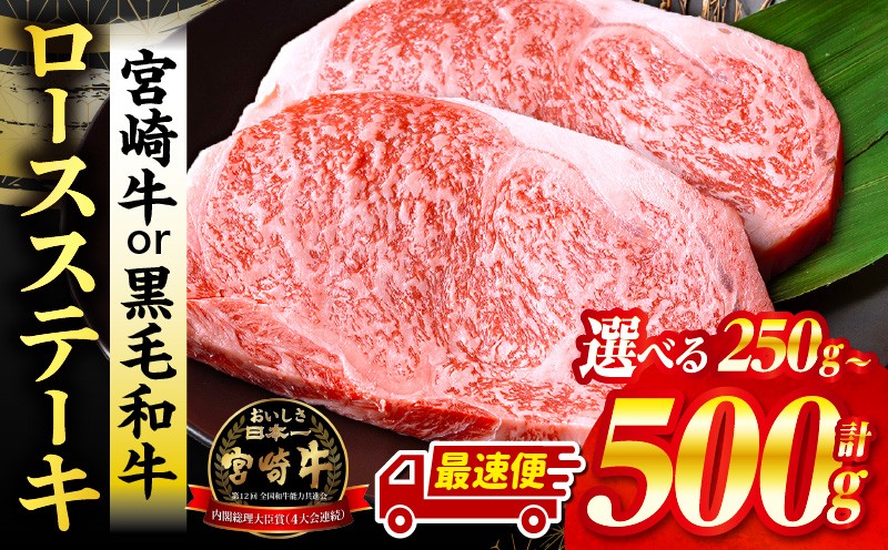 
                  宮崎牛【内容量が選べる】【数量限定】畜産農家応援！宮崎牛or黒毛和牛ロースステーキ 牛肉 宮崎牛 ステーキ 焼肉 高級 みやざき ミヤチク みやちく 宮崎牛 黒毛和牛 和牛 ロースステーキ ロース 宮崎牛ステーキ 宮崎牛 ステーキ用 贈答 国産 国産牛 人気 おすすめ 500g 2枚 ギフト _M132-014-SKU 
                