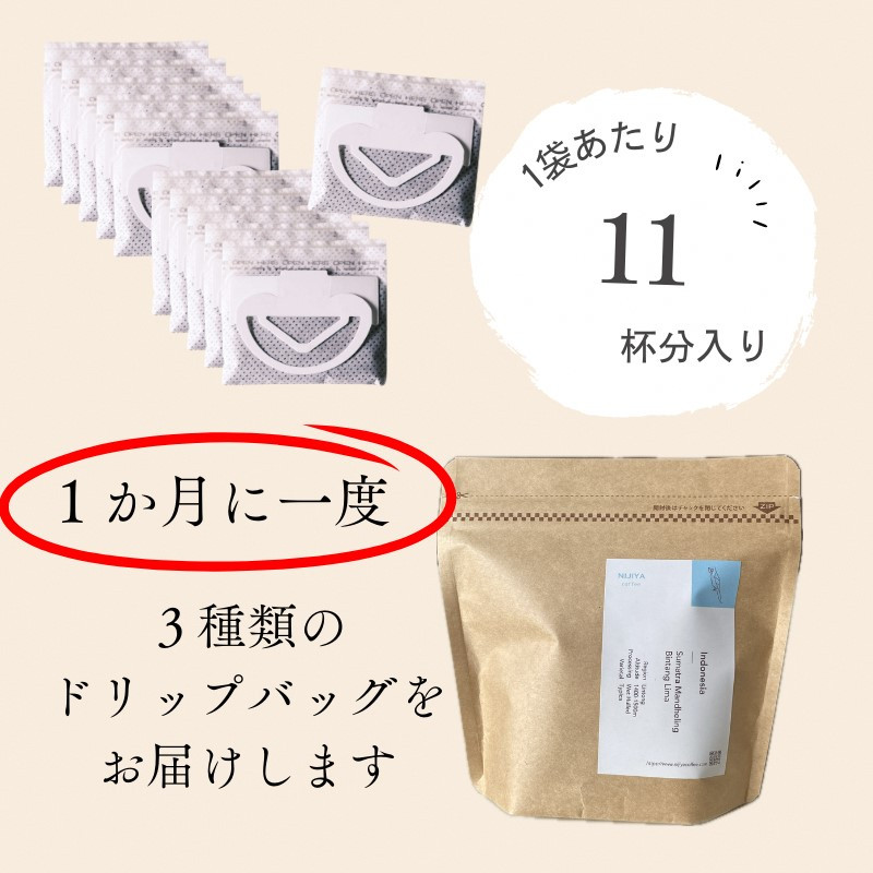 【定期便：3ヶ月連続でお届け】高品質シングルオリジンコーヒー・ドリップバッグ3種セット （1袋あたり11個×3品種）×3ヶ月