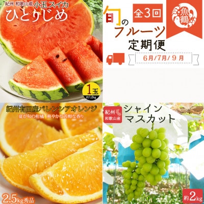 【発送月固定定期便】紀州和歌山産旬のフルーツセット(スイカ・バレンシア・シャイン)全3回【配送不可地域：離島・北海道・沖縄】【4053788】