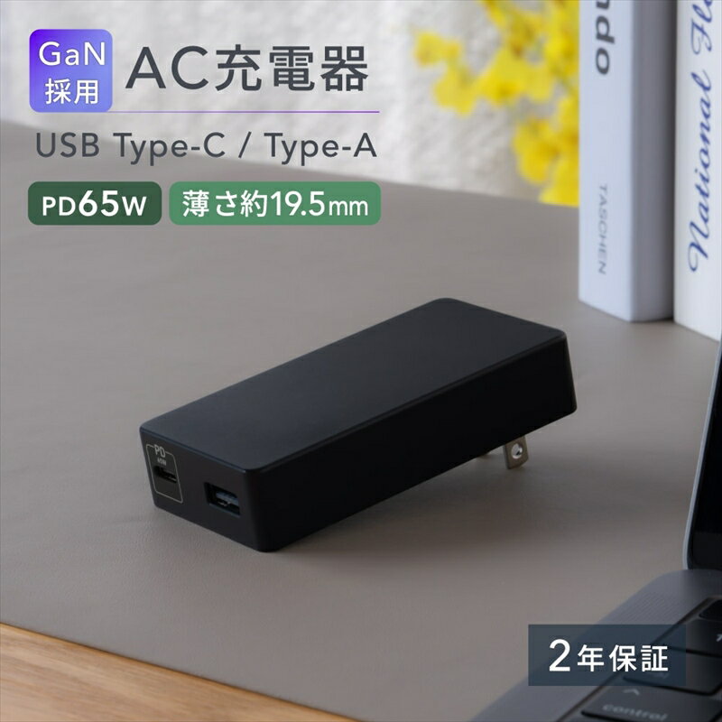 【ふるさと納税】Owltech(オウルテック) 薄さ19.5mm 最大PD65W出力 GaN採用 USB Type-C×1 USB Type-A×1 AC充電器 OWL-APD65SC1A1G-BK【 充電器 神奈川県 海老名市 】