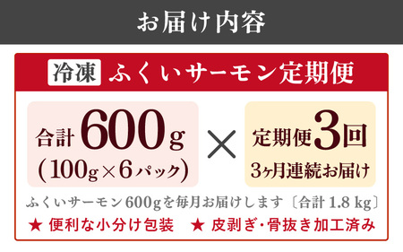 【3ヶ月連続お届け】ふくいサーモン 600g (刺身用)　真空冷凍　100g× 6パック × 3回【サーモン 鮭 刺身 さけ サケ さかな 魚 人気 海鮮 海鮮食品 小分け お刺身用 生食用 生食可 