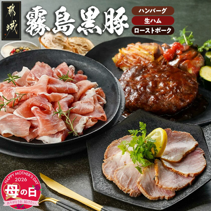 【ふるさと納税】【母の日】霧島黒豚ハンバーグ3種＆生ハム＆ローストポーク≪5月7日〜10日お届け≫ - 煮込みハンバーグ 生ハム切り落とし ローストポーク 加工品 冷凍 母の日 ギフト プレゼント 贈答用 送料無料 12-2802-MG【宮崎県都城市は2年連続ふるさと納税日本一！】