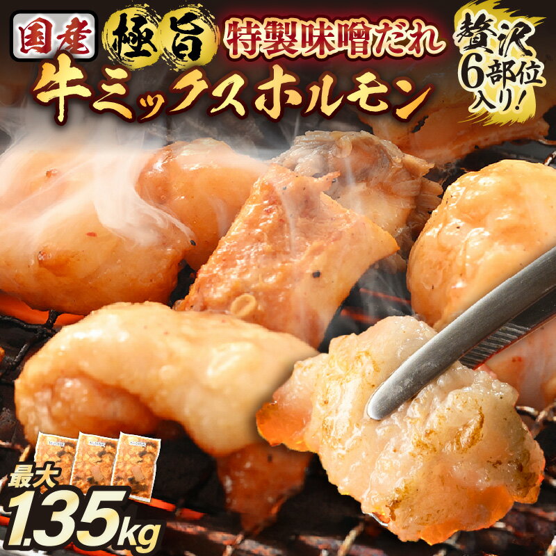 【ふるさと納税】 【国産牛ホルモン】訳あり ミックス ホルモン 計450g~1.35kg（450g×1袋/150g×3袋/6袋/9袋）シマチョウ 小腸 ハチノス センマイ タケノコ ミノ 旨みそダレ漬！【発送月をお選びください】【冷凍 小分け 焼肉 ホルモン もつ鍋】