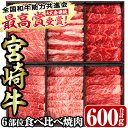 【ふるさと納税】＜宮崎牛・3D冷凍＞6部位食べ比べ焼肉(合計600g)牛肉 肉 ロース バラ モモ ヒレ ウデ セット 黒毛和牛 BBQ 国産 冷凍 宮崎県 門川町【R-27】【株式会社ミヤチク】