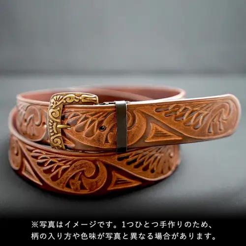 牛革ベルト（インディアン（鷲の羽）模様・焦茶かすれ染め）【太さ40mm / 厚さ3.7mm / M(110cm)】 牛革 父の日 手作り ベルト 革製品 [BE017ya-M]