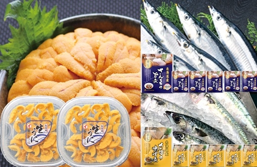 
                  B-71030 エゾバフンウニ塩水パック約60g～70g×2P・さんま旨煮×6P・さば味噌煮×6P[10月下旬以降発送]
                