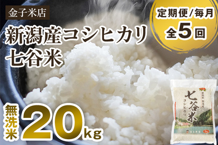 【令和7年産】【定期便5ヶ月毎月お届け】老舗米穀店が厳選 新潟県加茂市産コシヒカリ「七谷米」無洗米20kg（5kg×4）〈順次出荷〉 従来品種 金子米店