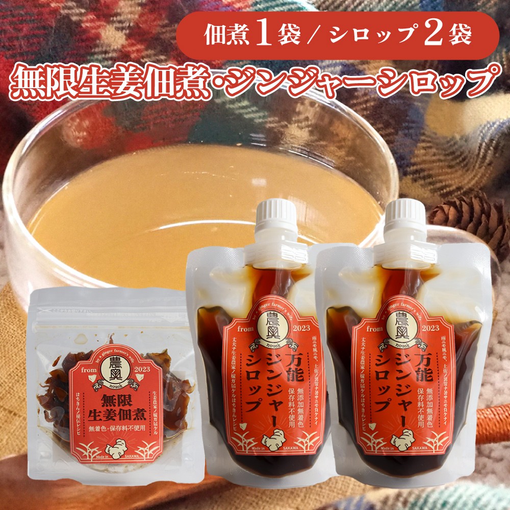 
                  【佃煮1袋・シロップ2個】農家の嫁の生姜佃煮1袋70g ジンジャーシロップ200ml クラフトジンジャー 希釈 ごはんのお供 農奥 高知 詰合せ（B）
                