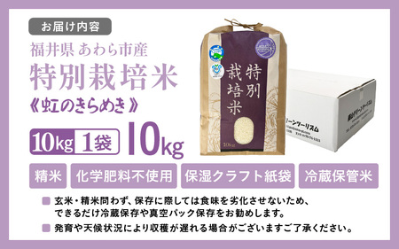 【令和7年産】化学肥料不使用 特別栽培米 虹のきらめき 精米 10kg × 1袋 / 白米 米 福井県あわら市産 美味しい 特別栽培米 減農薬 安心な米 旨味 甘み もっちり 冷蔵保管米 [aw010