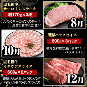 ＜定期便・全6回(偶数月)＞6人家族用！鹿児島県産 黒毛和牛・黒豚 定期便 C (総量約9kg) 国産 黒豚 しゃぶしゃぶ 肩 ロース スライス 訳あり 切り落とし 黒毛和牛 サーロイン ステーキ 黒